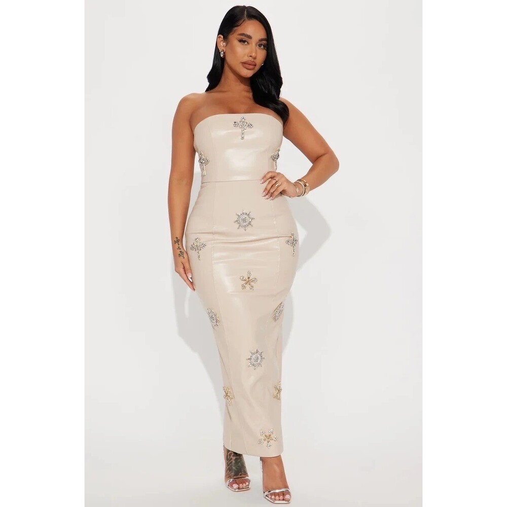 NWT Fashion Nova Cream Dolce Faux Leather Maxi Dress Sz M Edgy Chic Fall